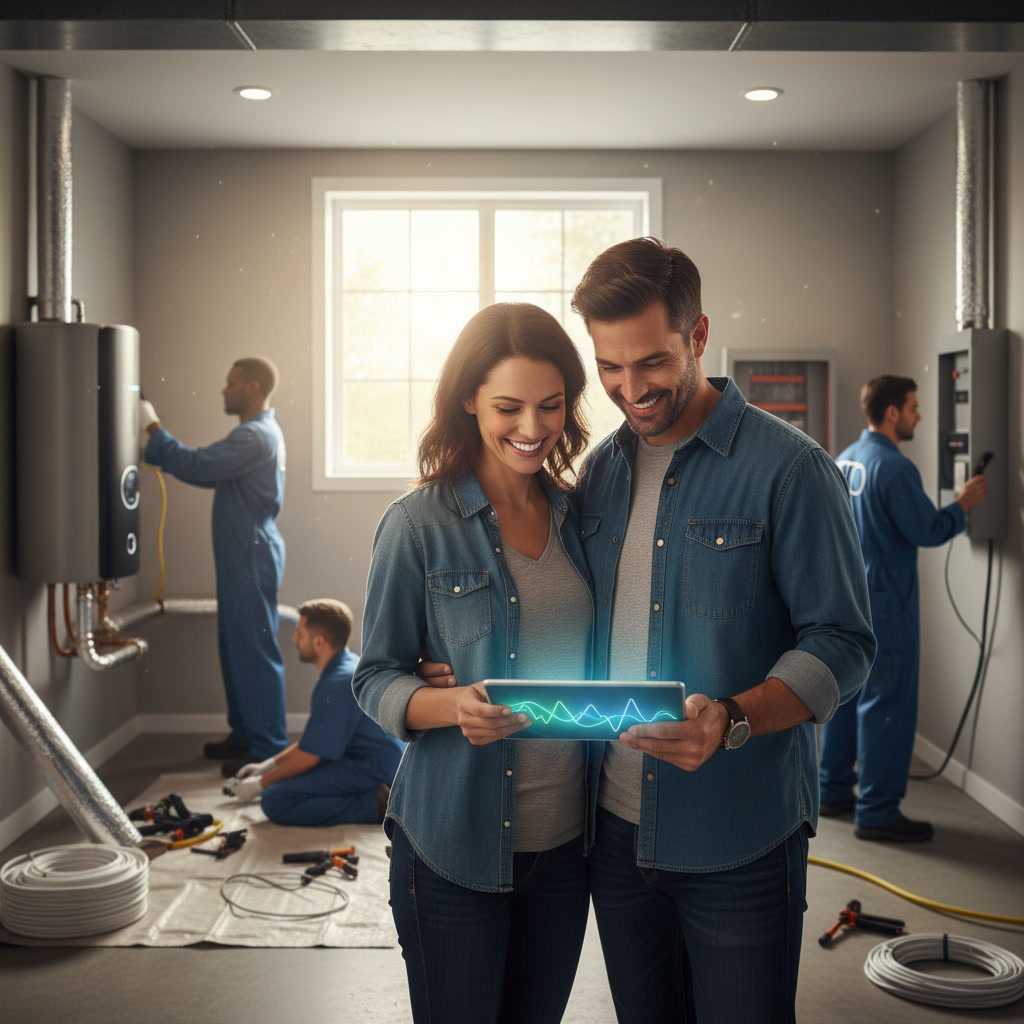 Handyman adjusting thermostat during home maintenance visit in Tahoka
