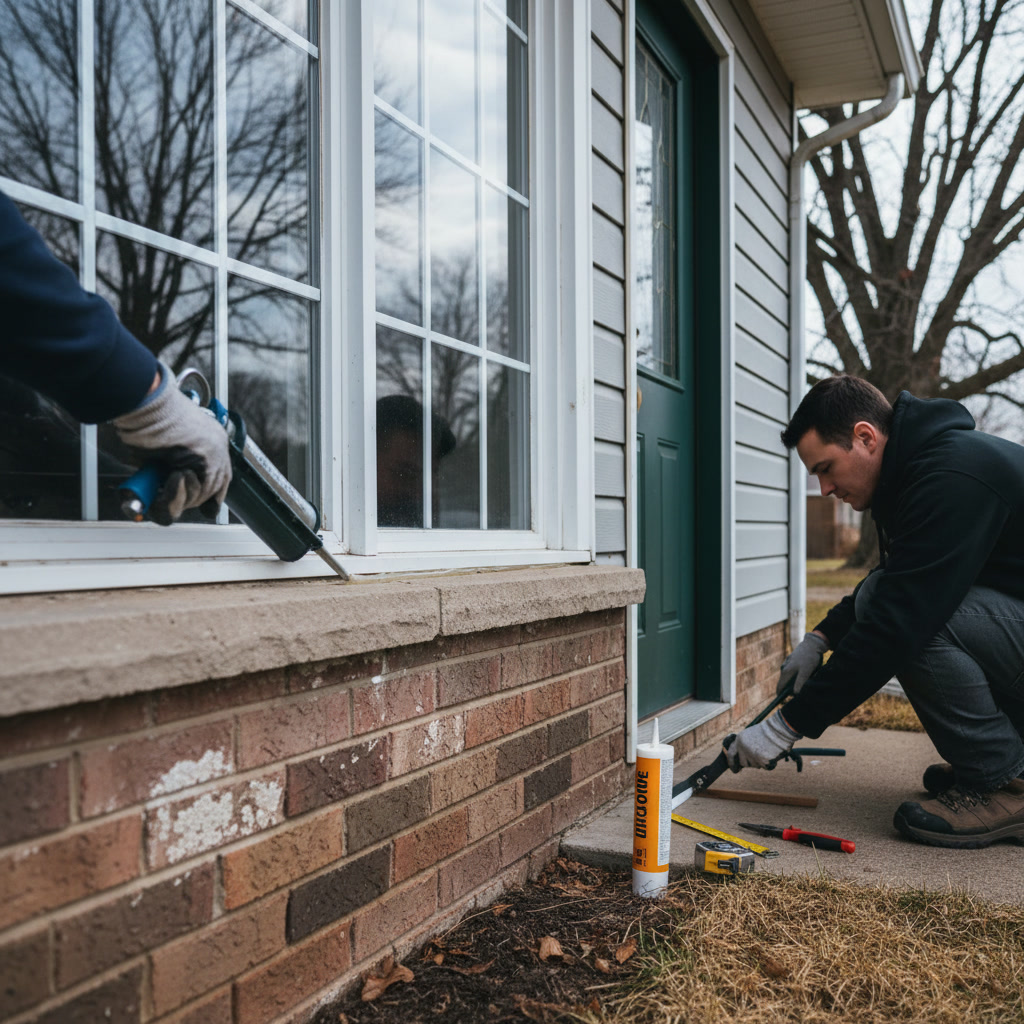 handyman sealing window gaps and weatherstripping doors for winter preparation in Idalou Texas home