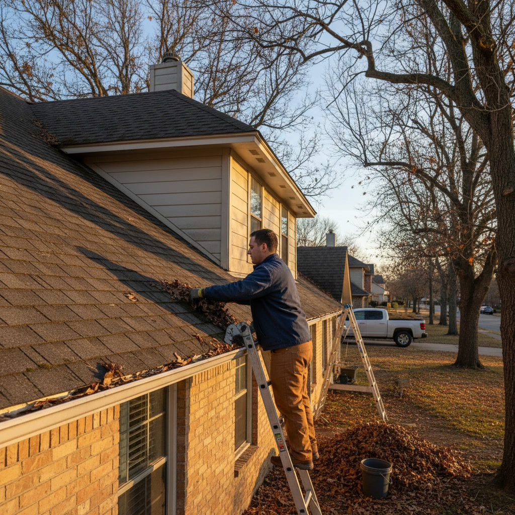 professional handyman cleaning gutters and inspecting roof for winter damage in Idalou home