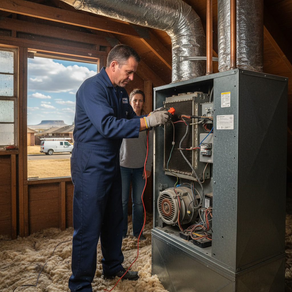 Professional HVAC technician repairing air conditioning system in Lubbock Texas residential home
