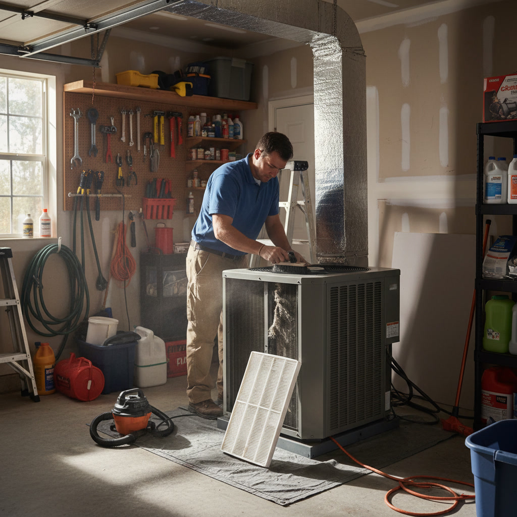 Handyman repairing air duct connections in Tahoka home attic to improve HVAC efficiency