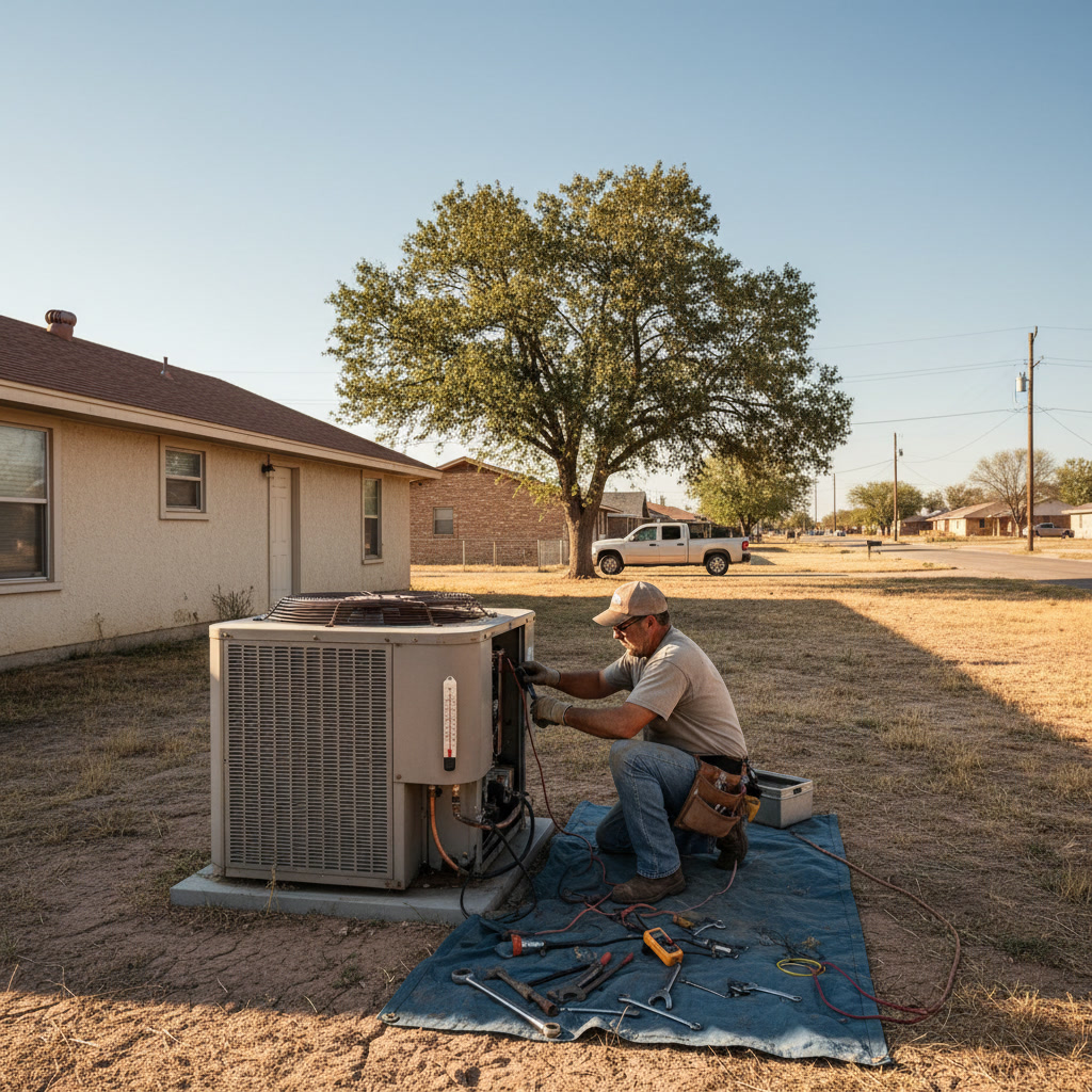 HVAC technician diagnosing air conditioning unit in Slaton Texas home