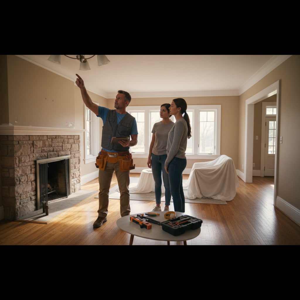 Handyman inspecting home systems during maintenance visit