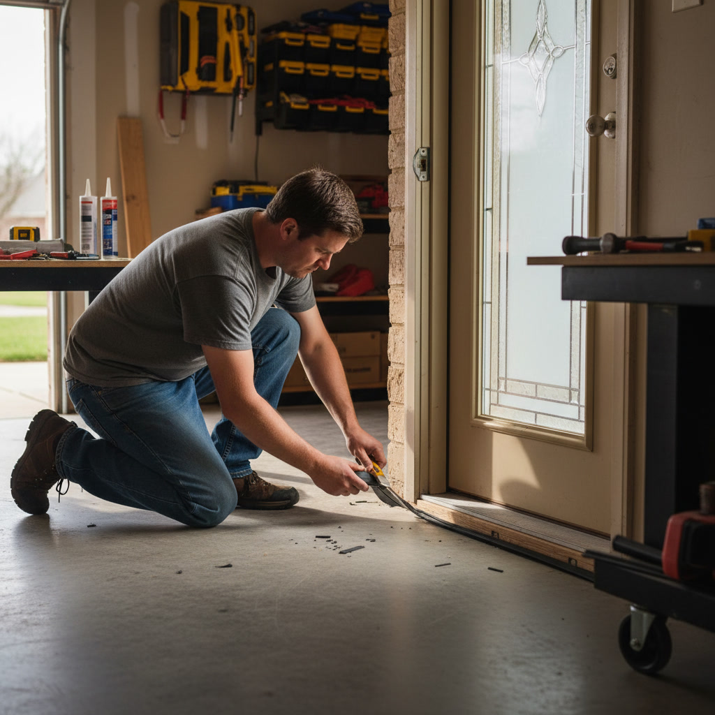 Close-up of V-strip weather stripping being installed along door jamb