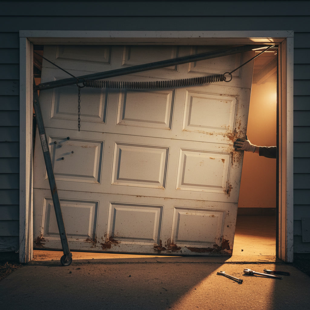 Technician inspecting garage door springs and cables for wear