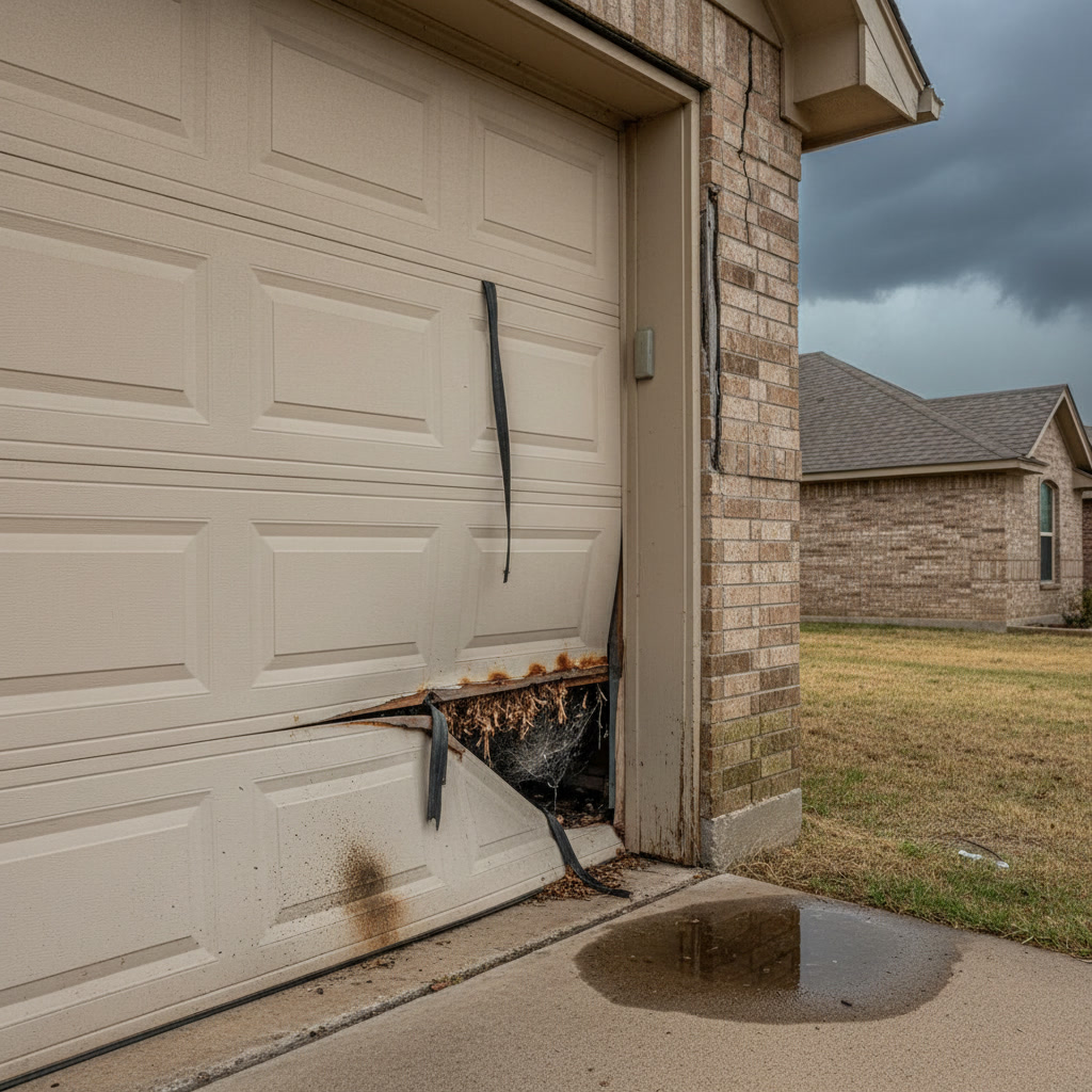 Close-up of damaged garage door weather seal needing replacement