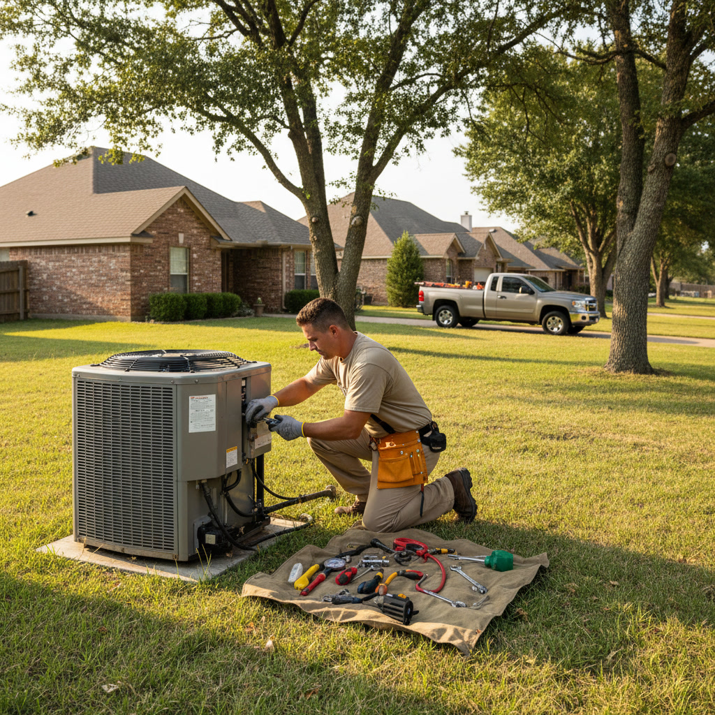 Professional handyman performing maintenance repairs on HVAC system ductwork in Tahoka Texas home