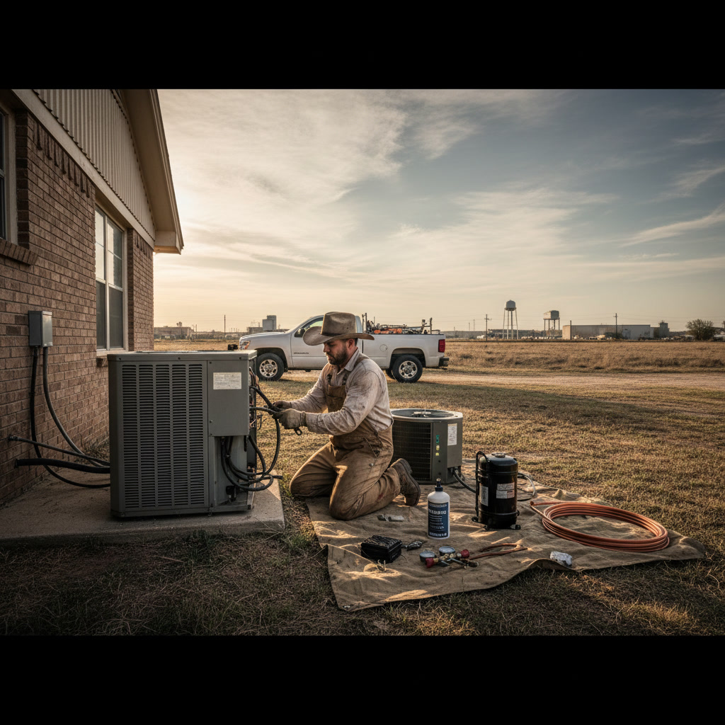 HVAC repair technician working on air conditioning unit in Slaton Texas home