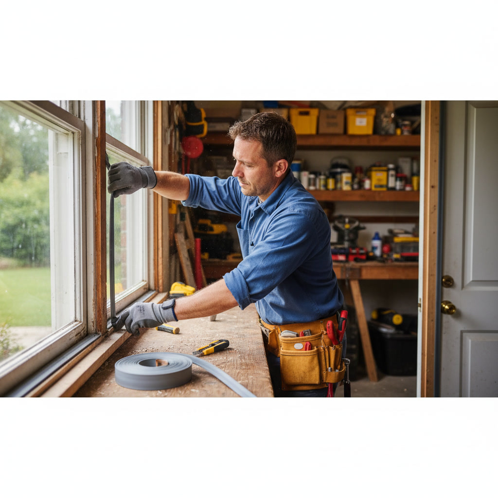 Homeowner installing weather stripping around exterior door frame to seal air leaks