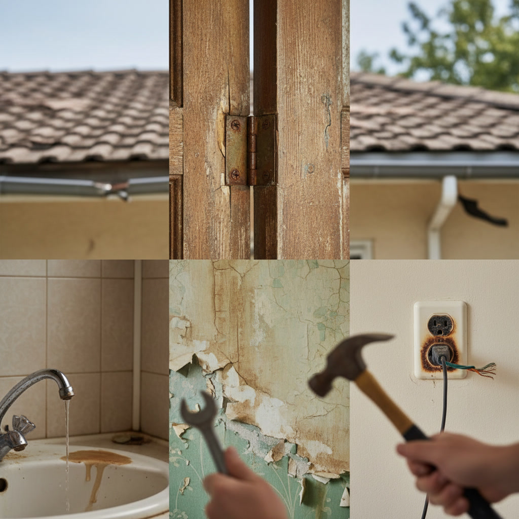 Professional handyman inspecting home exterior for repair needs