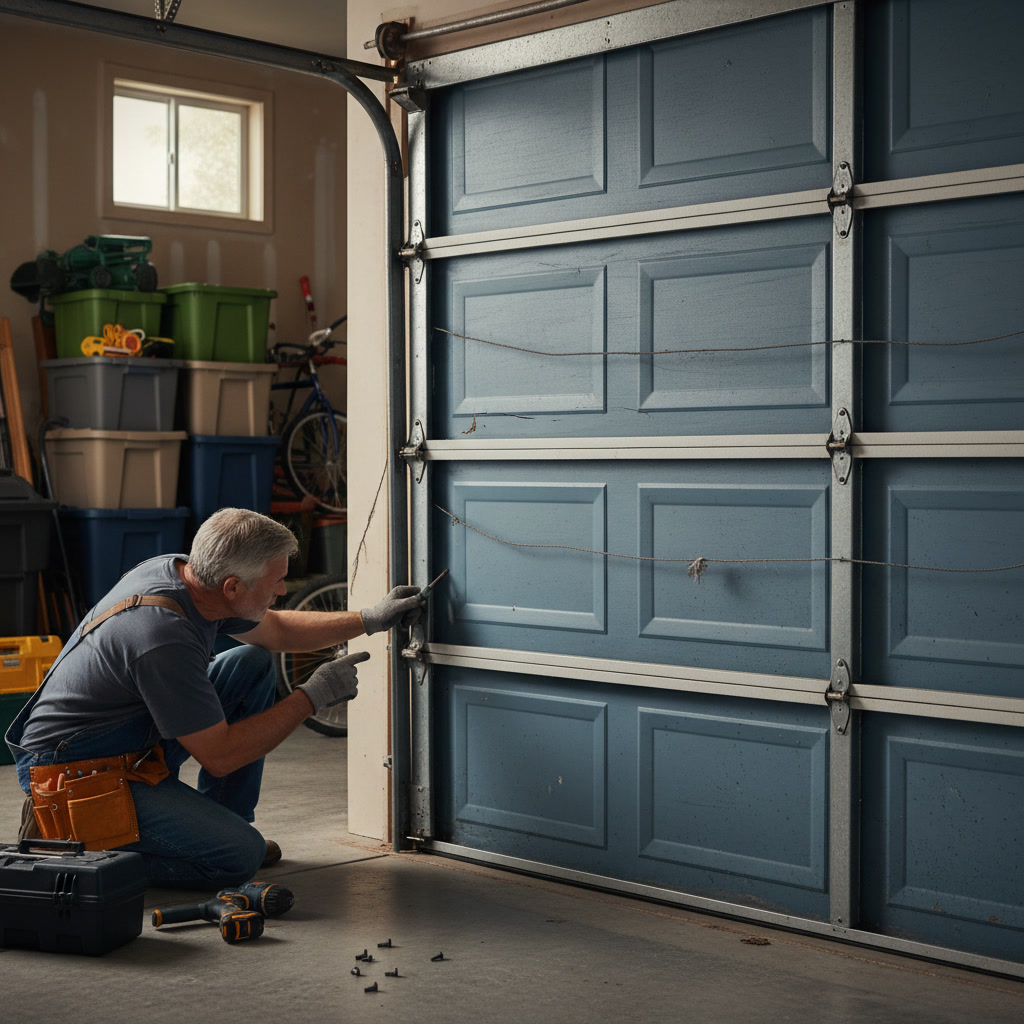 Professional handyman inspecting residential garage door for repair in West Texas