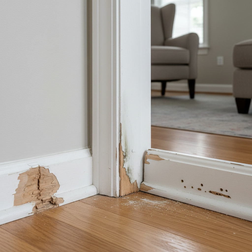 Homeowner inspecting damaged baseboard trim with tools and materials ready for repair