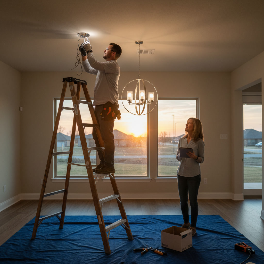 Homeowner inspecting old ceiling light fixture wiring before replacement