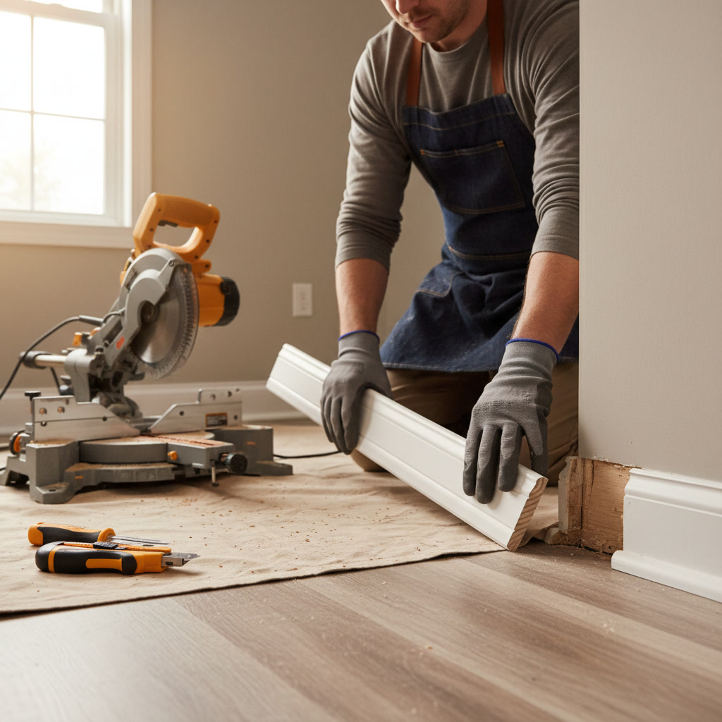 Replacing a section of baseboard trim with new piece cut to size and ready for installation