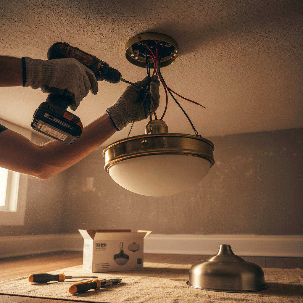 Electrician connecting wires during light fixture replacement process