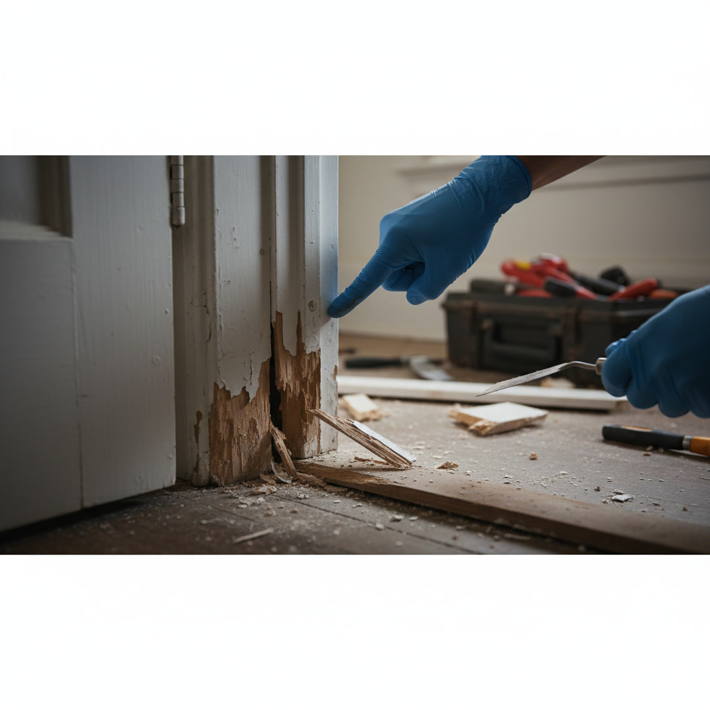 Professional handyman repairing and refinishing baseboard trim in residential home