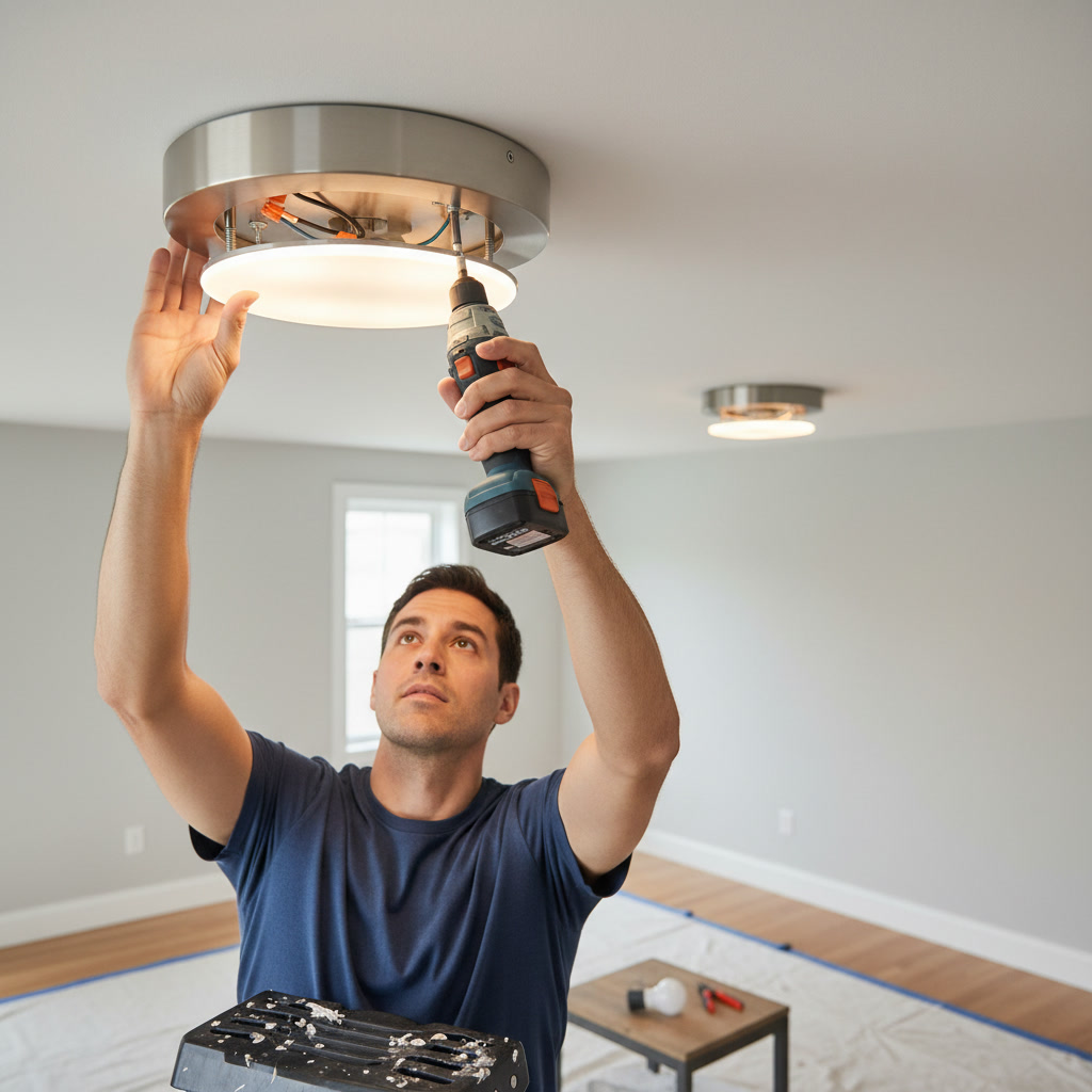 Newly installed modern ceiling light fixture in finished room
