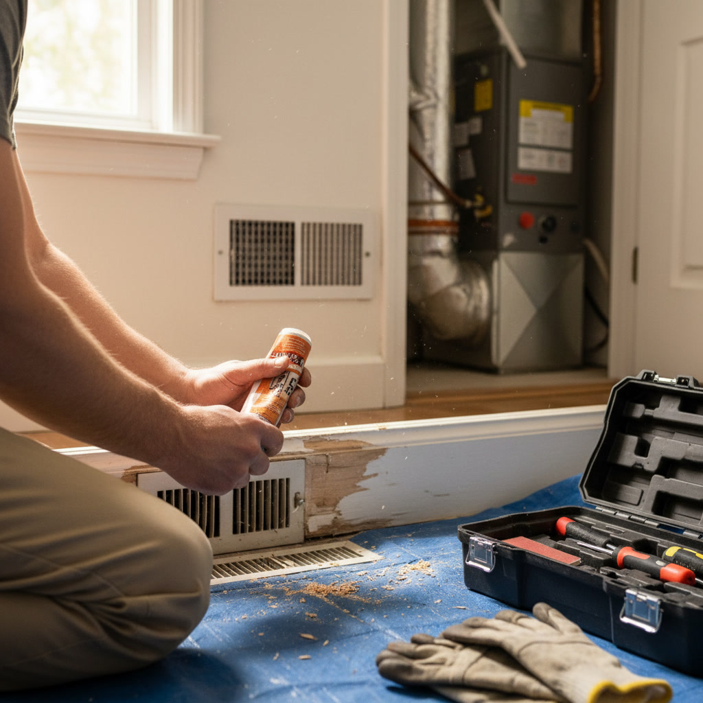 Homeowner examining damaged baseboard trim along wall preparing for repair work