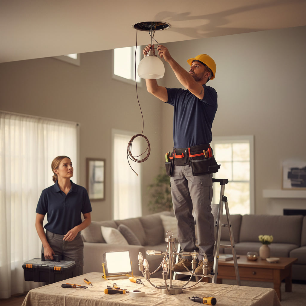 Professional electrician replacing ceiling light fixture in modern home